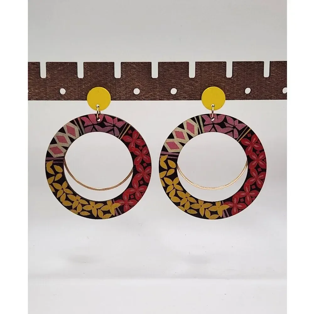 Boho Round Open Hoop Geometric Pattern Mixed Media Wood Statement Earrings